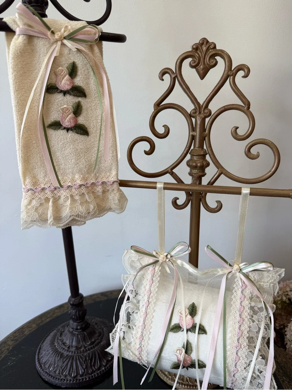 Hand Crafted Cream and Pink Floral Hand Towel & Spare Toilet Paper Holder